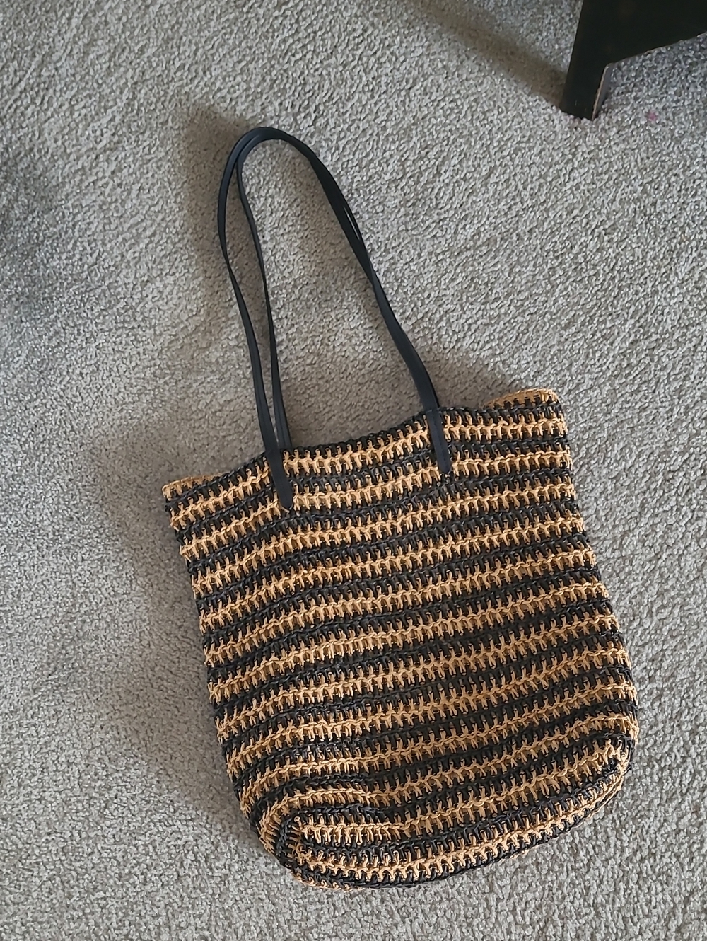 Woven Straw Tote Bag with Black Straps